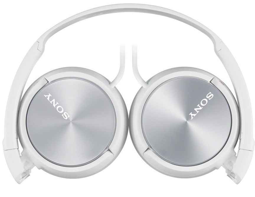 White foldable headphones. The ear cups are circular with the word 'SONY' printed on them.