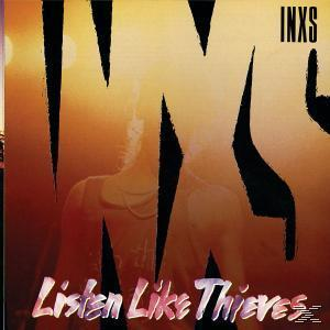 Albumcover mit INXS und Listen Like Thieves Text. Ein verschwommenes Bild eines Mannes.