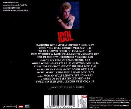 Album-Rückseite für „Idol“. Enthält ein Foto von Billy Idol und eine Titelliste. Schwarzer Hintergrund.