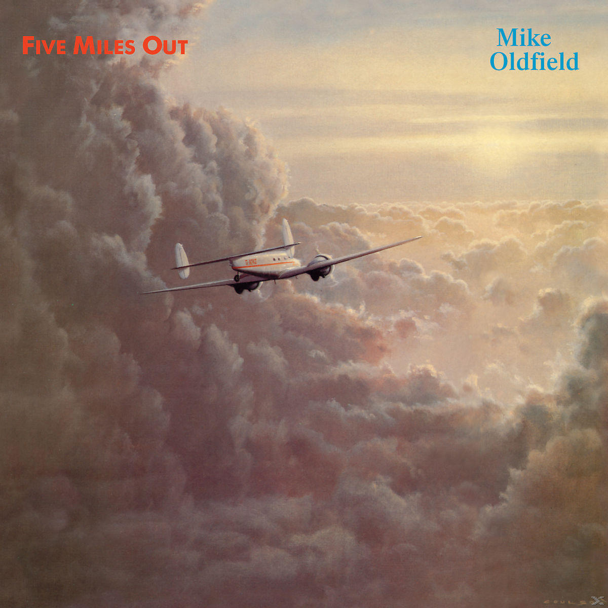 Albumcover: Mike Oldfields „Five Miles Out“. Ein Flugzeug fliegt durch Wolken. Blauer und roter Text.
