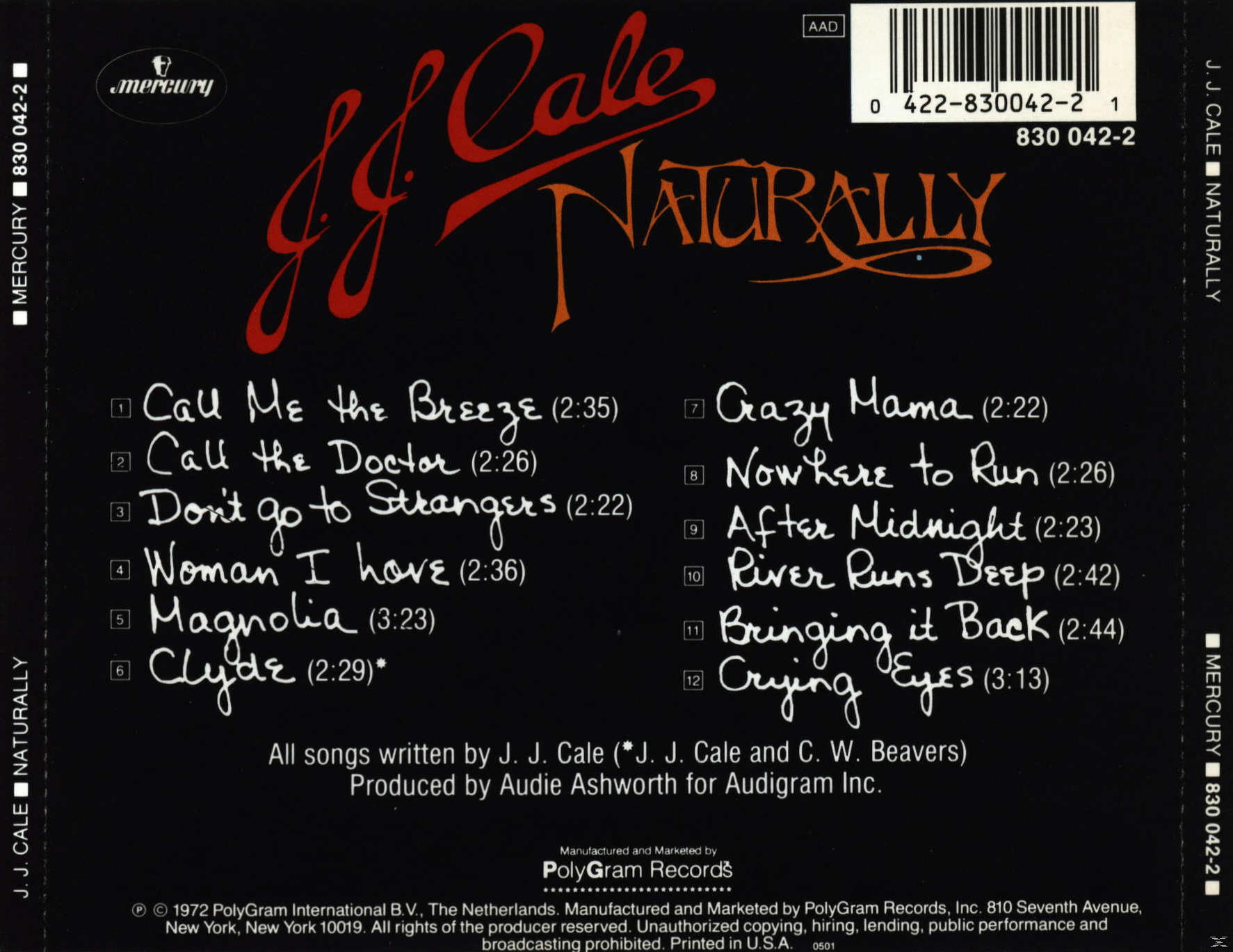 CD-Cover von J.J. Cales Album 'Naturally' auf schwarzem Hintergrund mit Auflistung der Songtitel.