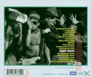 Rückseite einer Musik-CD mit mehreren Personen. Text mit Songtiteln und Bonustracks.