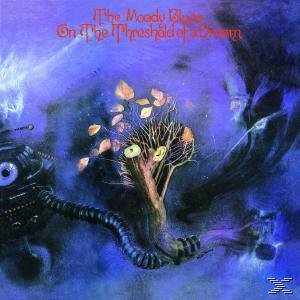 Albumcover, The Moody Blues, 'On the Threshold of a Dream'. Surreale Kunst: Baum mit Gesicht, Roboter, dunkelblauer Hintergrund.