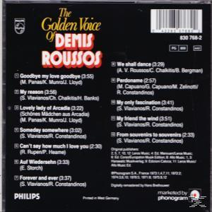 CD-Rückseite: Demis Roussos' Songliste, schwarzer Hintergrund, gedruckter Text, Trackliste.