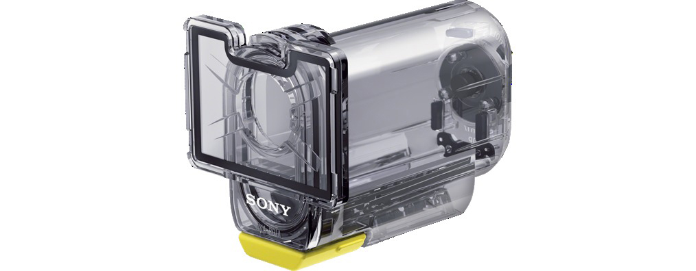 Clear waterproof camera housing with a yellow base and black frame.