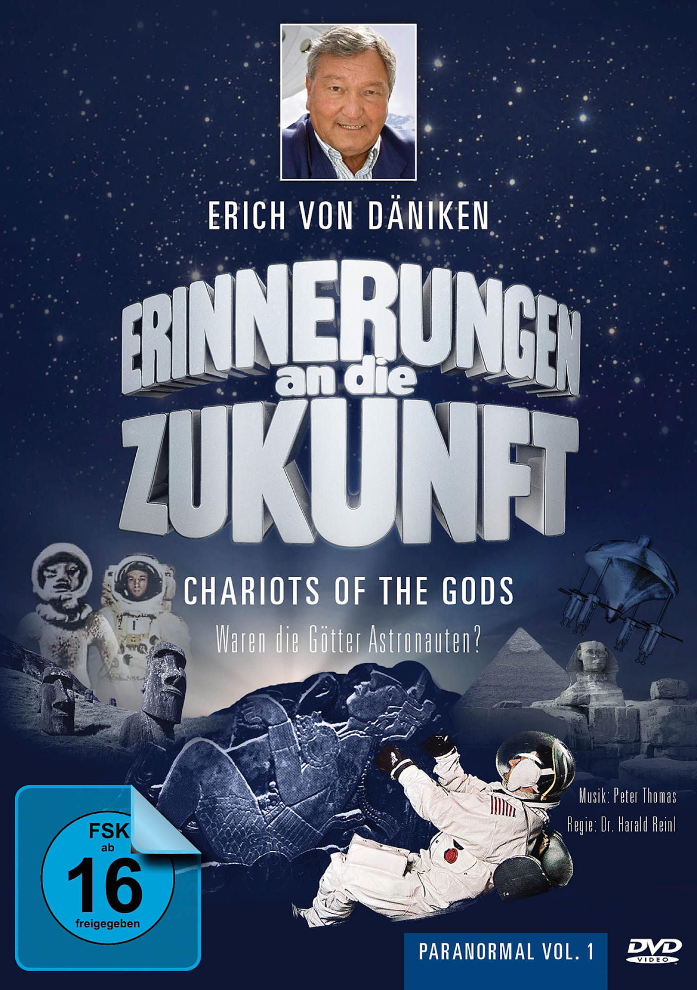 DVD-Cover von Erinnerungen an die Zukunft (Chariots of the Gods). Enthält einen Mann und Astronauten.