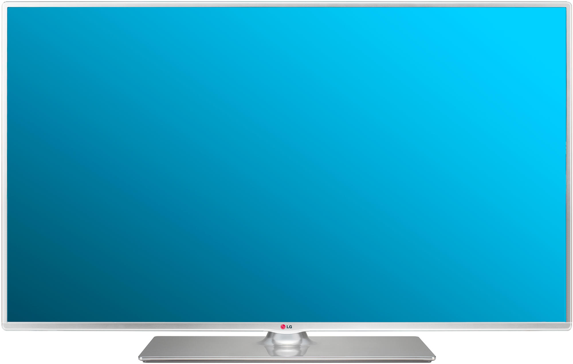 Un televisor de pantalla plana con una pantalla de gradiente azul y un soporte plateado.