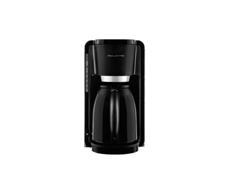 Schwarze Kaffeemaschine mit silberner Karaffe, isoliert auf Weiß.