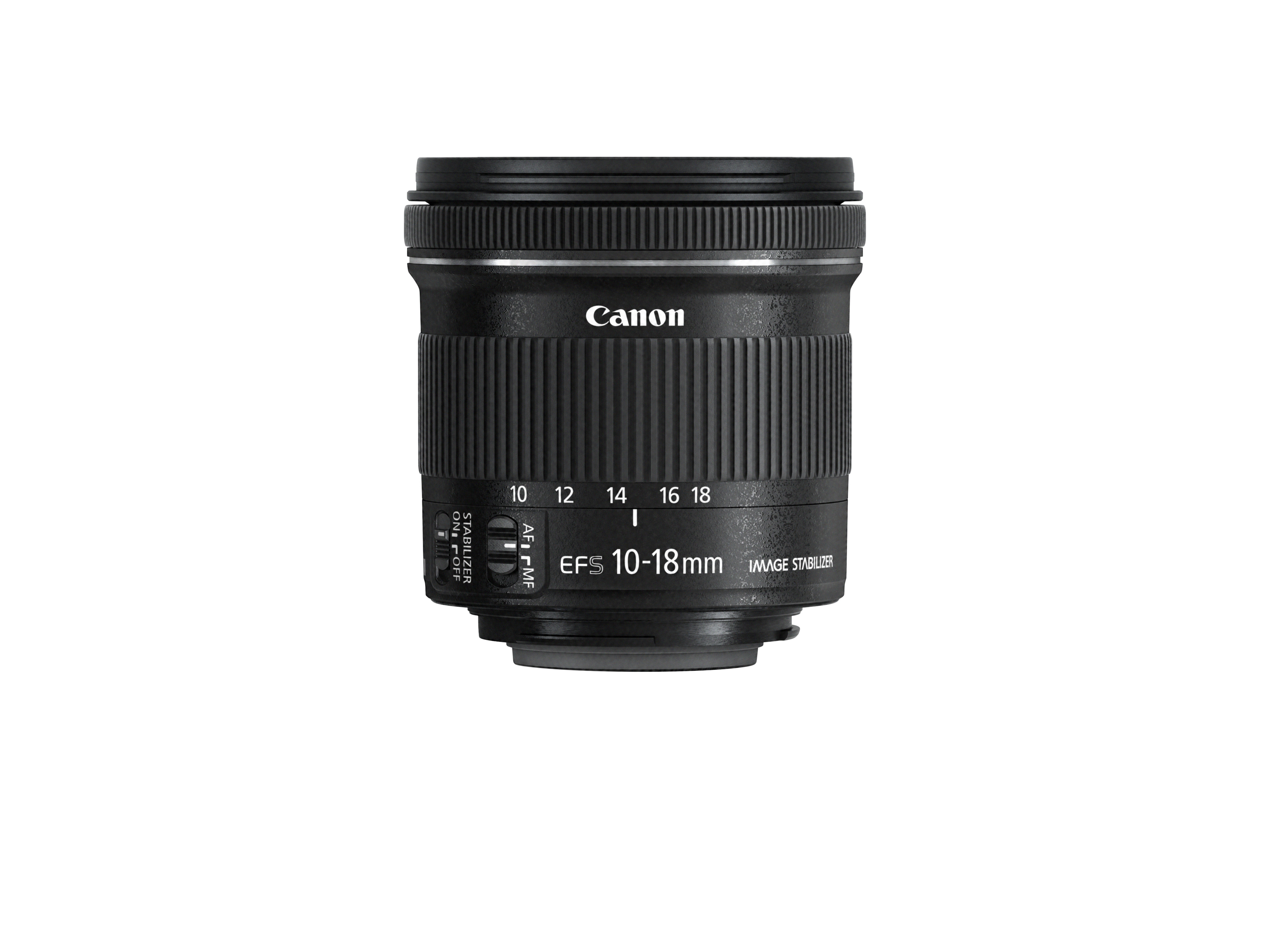 Schwarzes Canon EF-S 10-18mm Objektiv mit Fokus- und Stabilisatoreinstellungen.