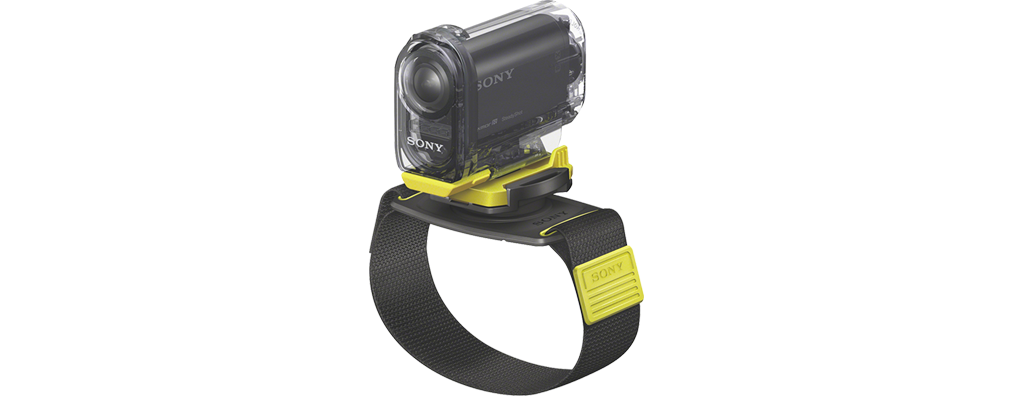 Black and yellow action camera with a wrist strap. The camera is labeled 'SONY'.