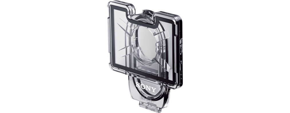 Clear Sony camera housing. It's transparent and designed to protect the camera. The Sony logo is visible.