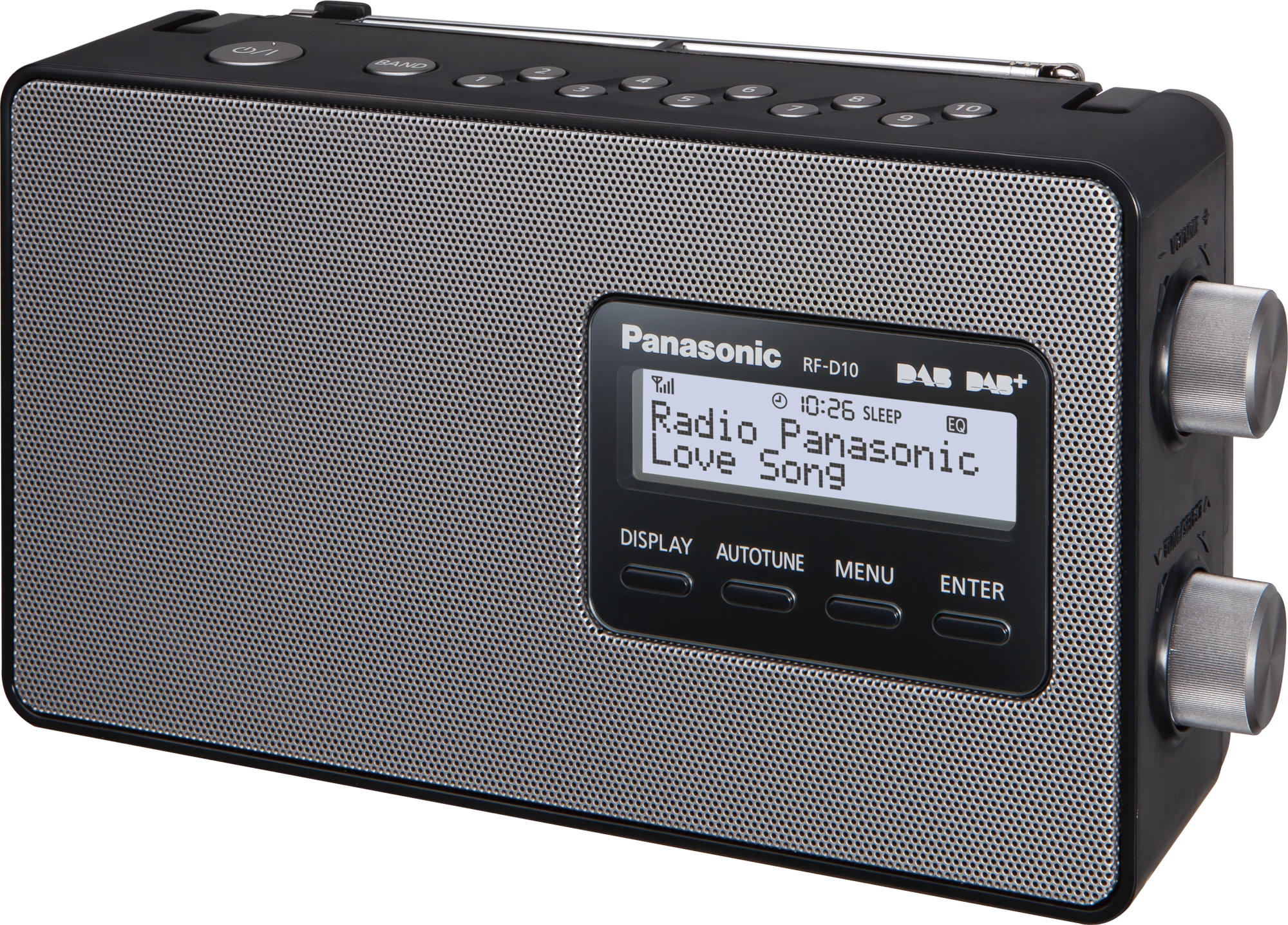 Radio noire Panasonic RF-D10. Elle affiche le texte 'Radio Panasonic Love Song'. Haut-parleur en maille argentée et boutons de contrôle visibles.