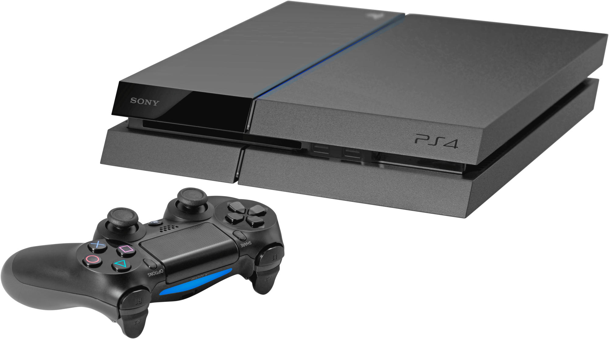 Eine schwarze PlayStation 4-Konsole und ein schwarzer Controller. Die Konsole steht auf einer weißen Oberfläche.