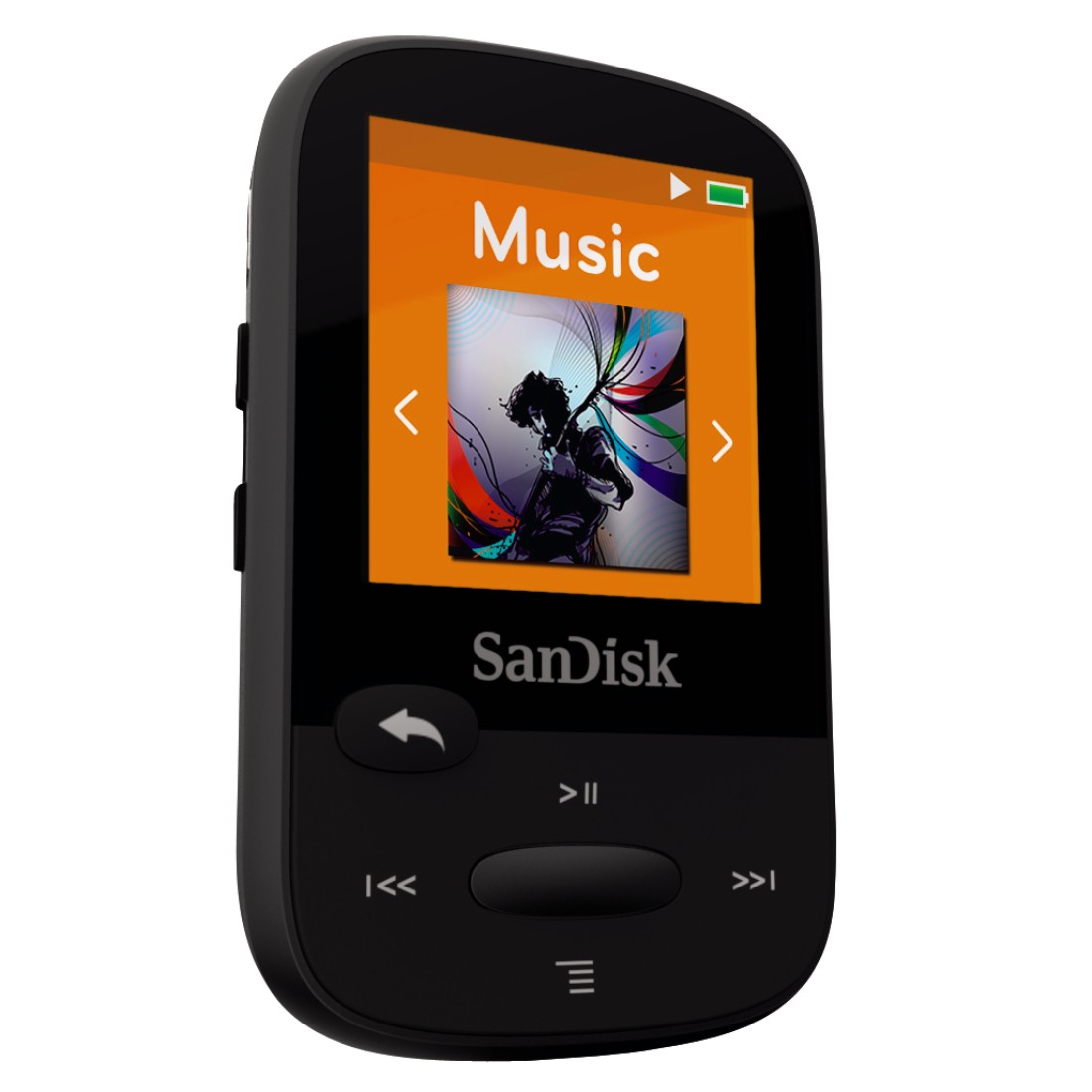 Schwarzer SanDisk MP3-Player mit Bildschirm, der Musikinformationen zeigt.