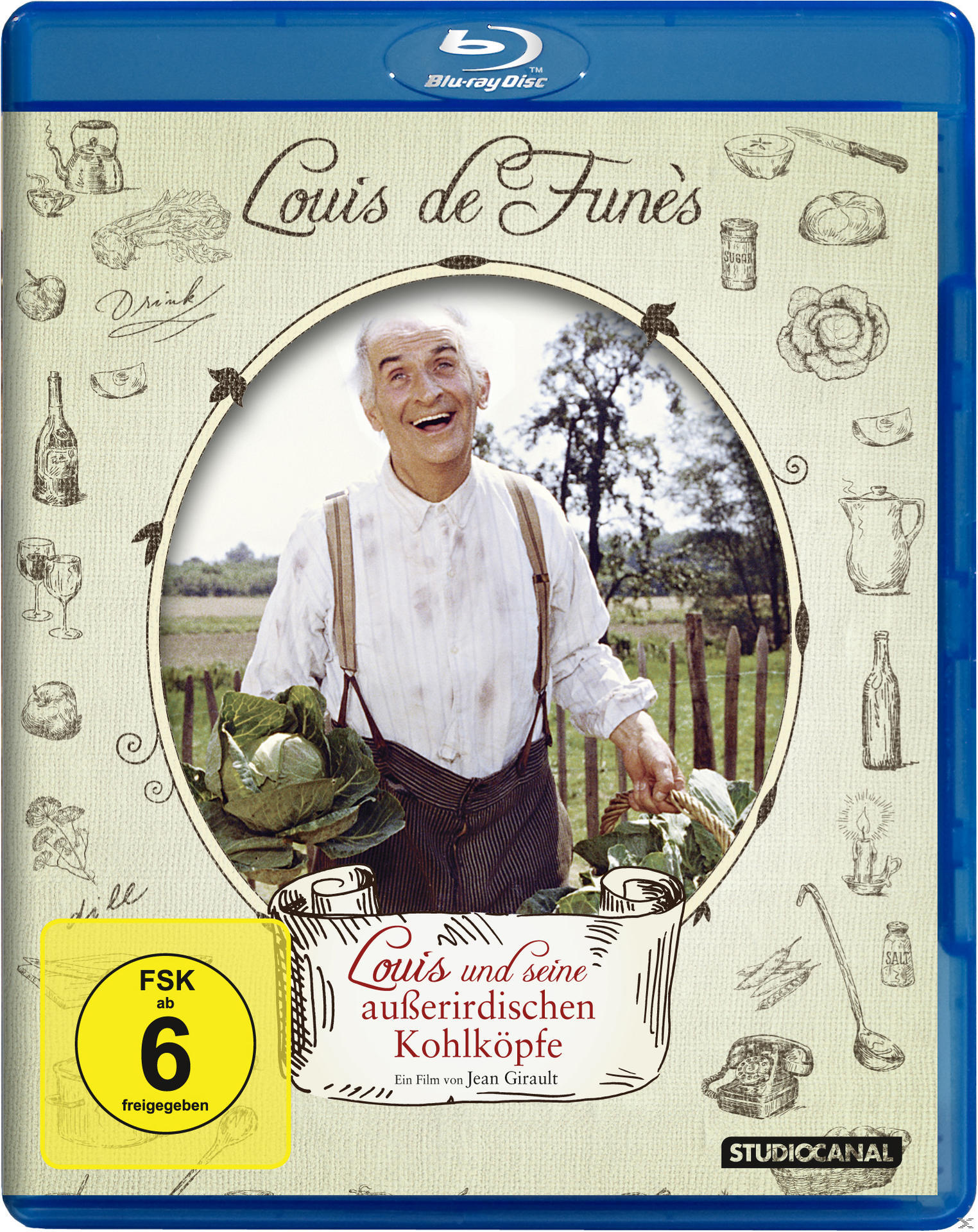 Blu-ray-Cover für Louis de Funès Film. Enthält den Schauspieler und einen Kohlkopf, mit Illustrationen.