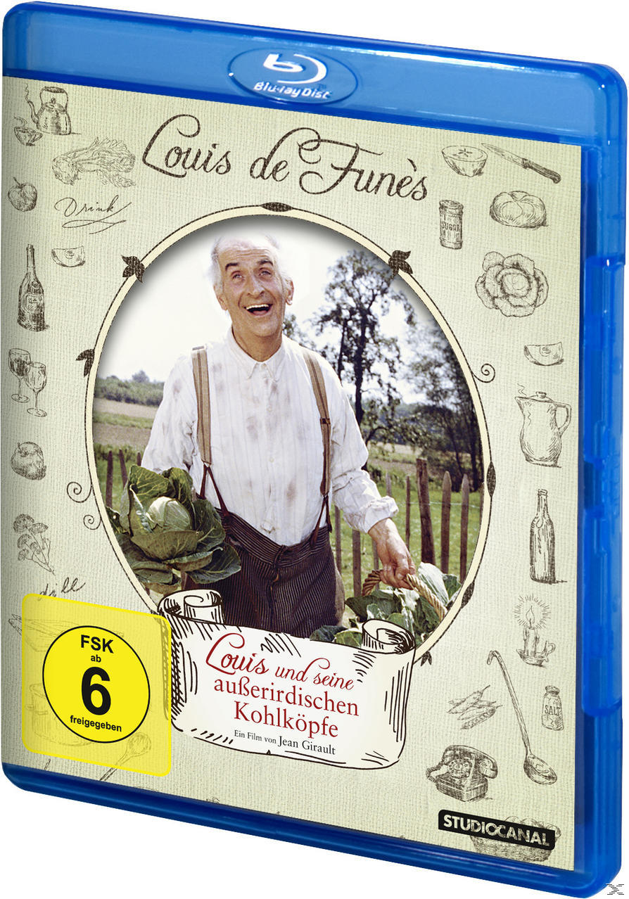 Blu-ray-Hülle für "Louis de Funès", zeigt einen Mann mit Kohlköpfen, mit verschiedenen Essensillustrationen.