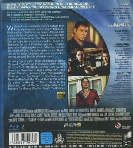 Blu-ray-Cover des Films Identity, mit Schauspielern und Text auf der Rückseite.