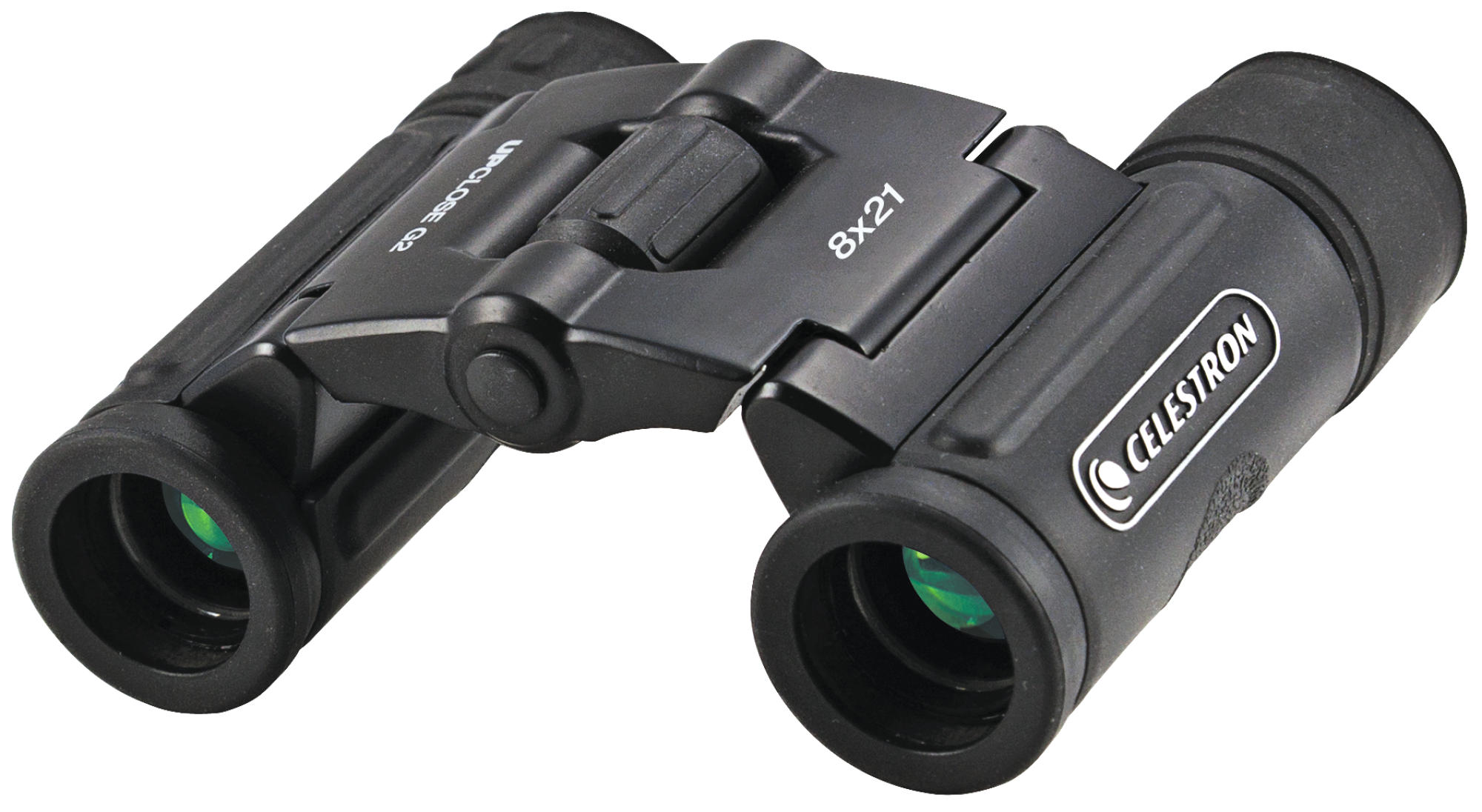 Czarna lornetka Celestron. Jest zamknięta i ma zielone soczewki, z nadrukami '8x21' i 'UPCLOSE G2'.
