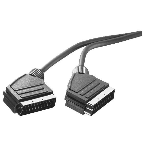 Schwarze SCART-Kabel mit Steckern auf weißem Hintergrund.