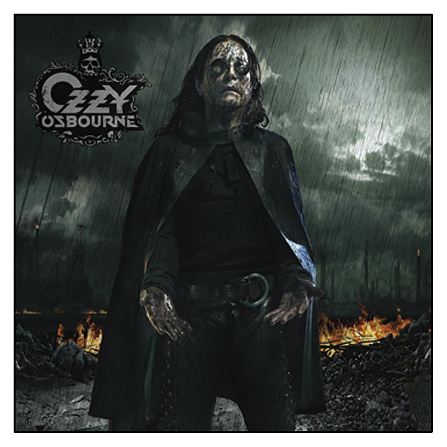 Albumcover: Ozzy Osbourne. Er steht im Regen, mit dunklem Umhang, Flammen und einem stürmischen Himmel.