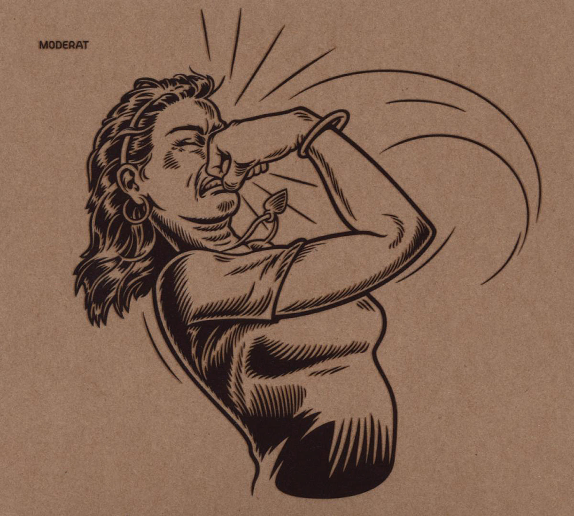 Albumhoes: Een vrouw slaat met opgeheven arm, bruine achtergrond en tekst.