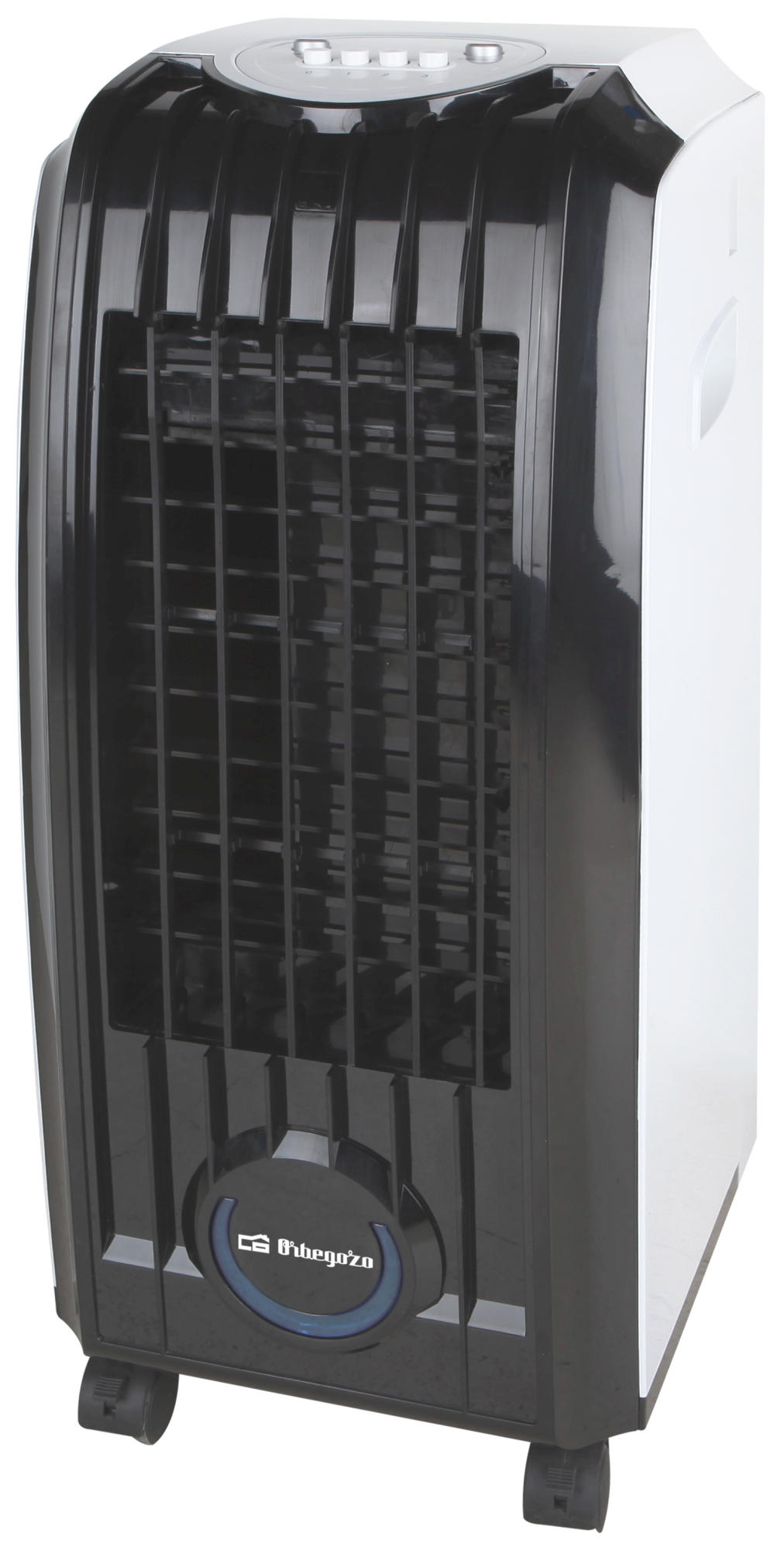 Enfriador de aire blanco y negro, alto y rectangular, con rejilla frontal negra y ruedas.