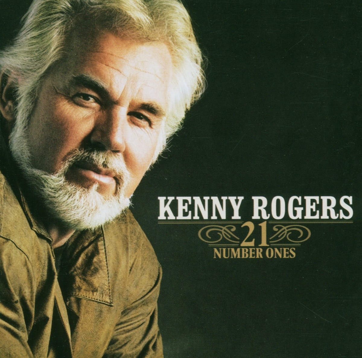 Kenny Rogers Albumcover, Nahaufnahme des Gesichts des Sängers, mit dem Titel '21 Number Ones' rechts angezeigt.