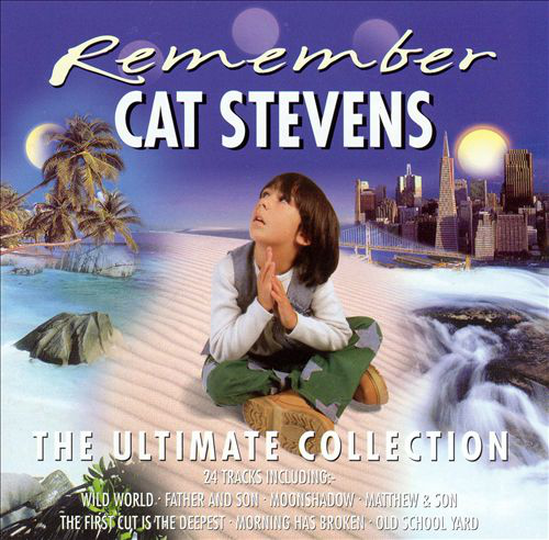 Album borító: Egy fiú imádkozik, egy várossal és egy tengerparti jelenettel, szöveg: 'Remember Cat Stevens'.