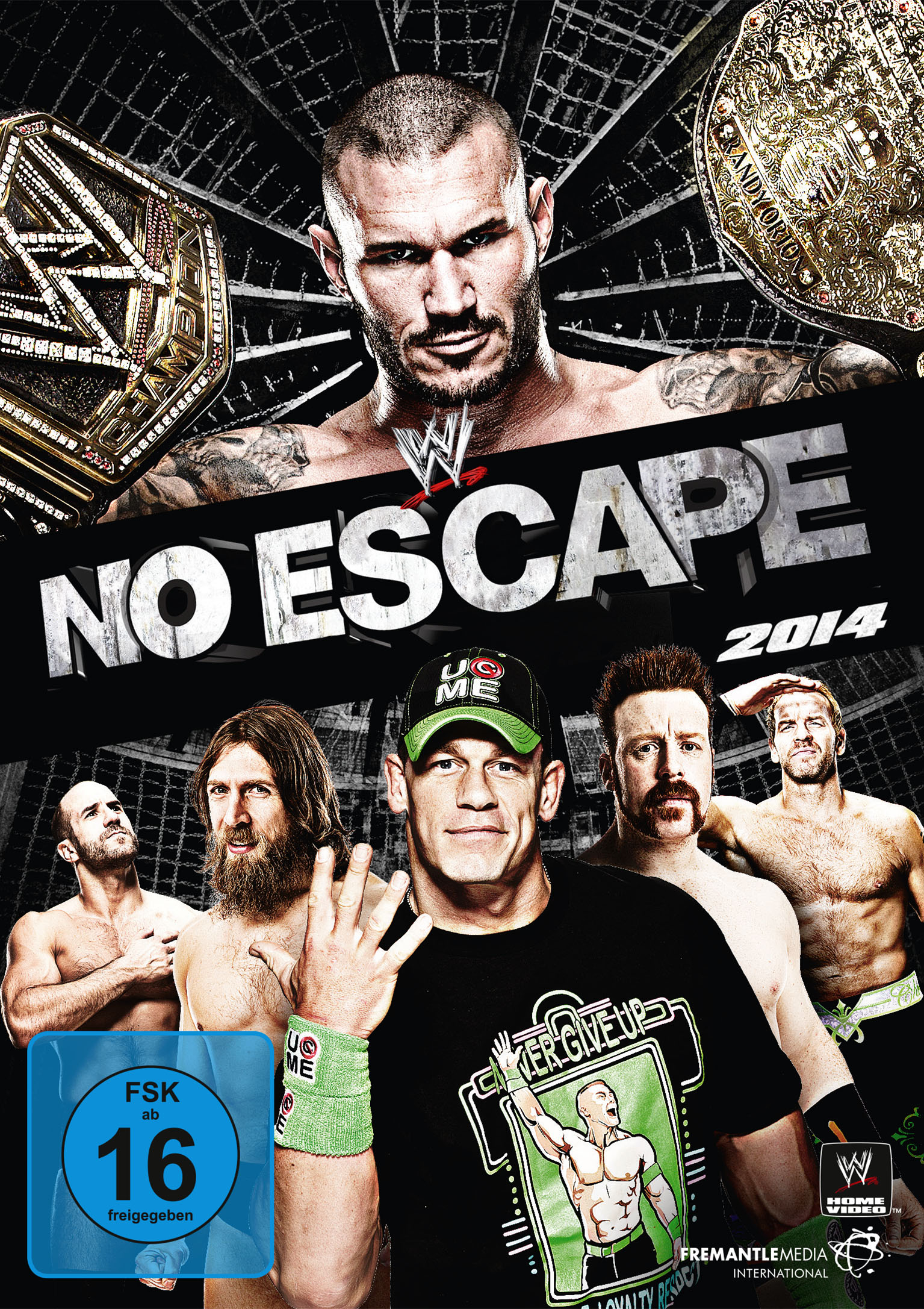 WWE No Escape 2014 DVD-Cover mit Wrestlern und Meisterschaftsgürteln.