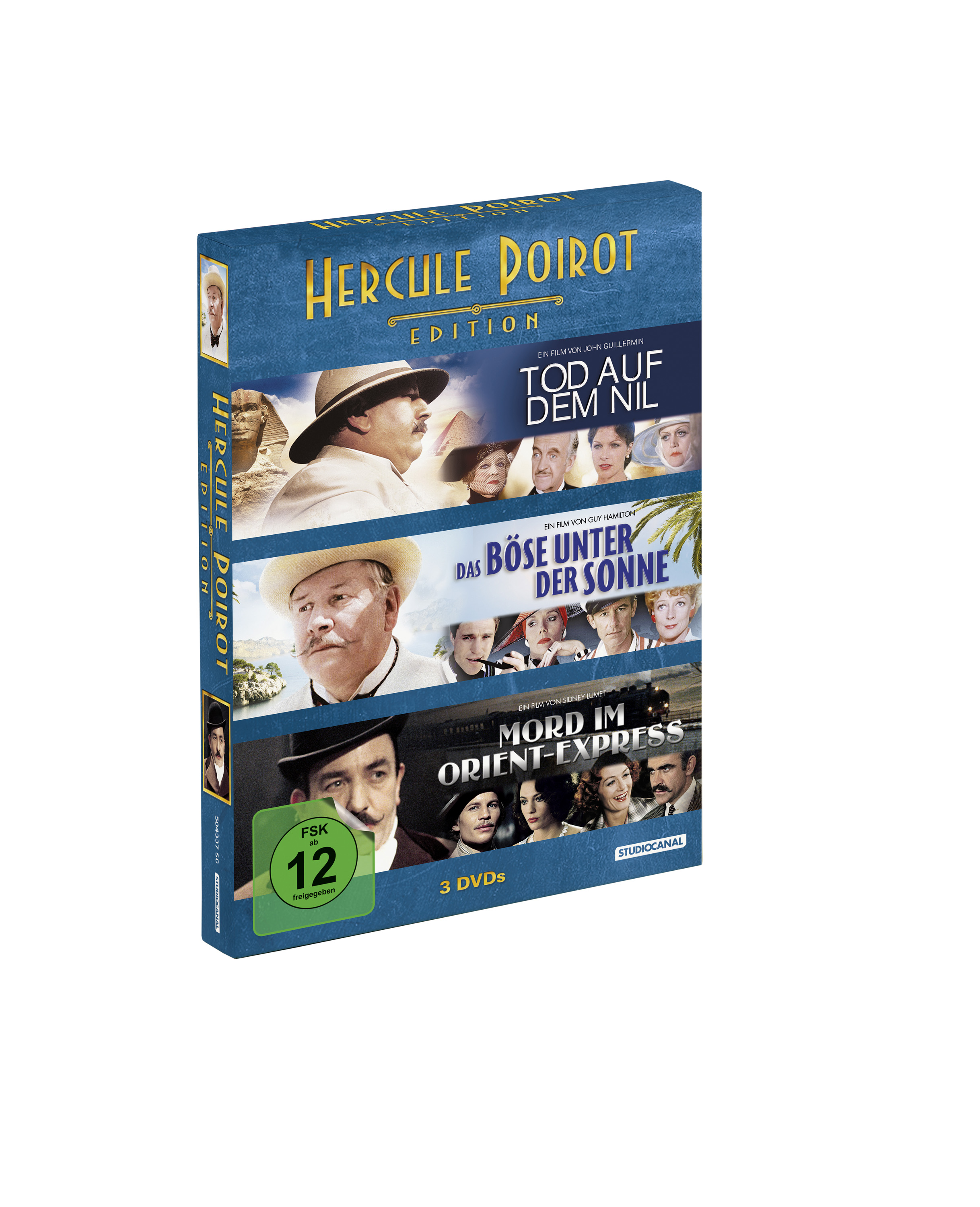 Eine DVD-Box mit Hercule Poirot-Filmen mit drei DVDs.