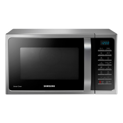 Zilveren Samsung magnetron, zwarte deur, digitale klok en bedieningspaneel.