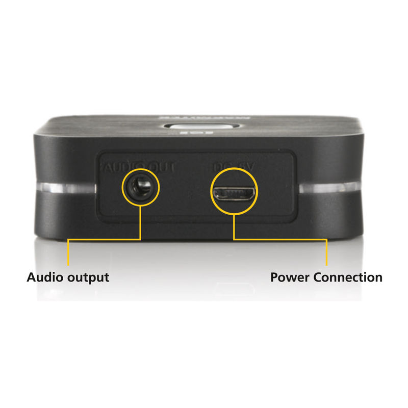Black device with 'Audio output' and 'Power Connection' labeled. White background.