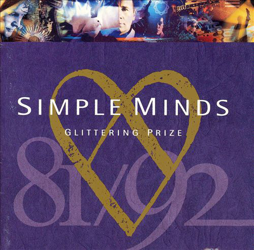 Album borító: 'Simple Minds - Glittering Prize'. Lila háttér, arany szív alak és a zenekar neve.