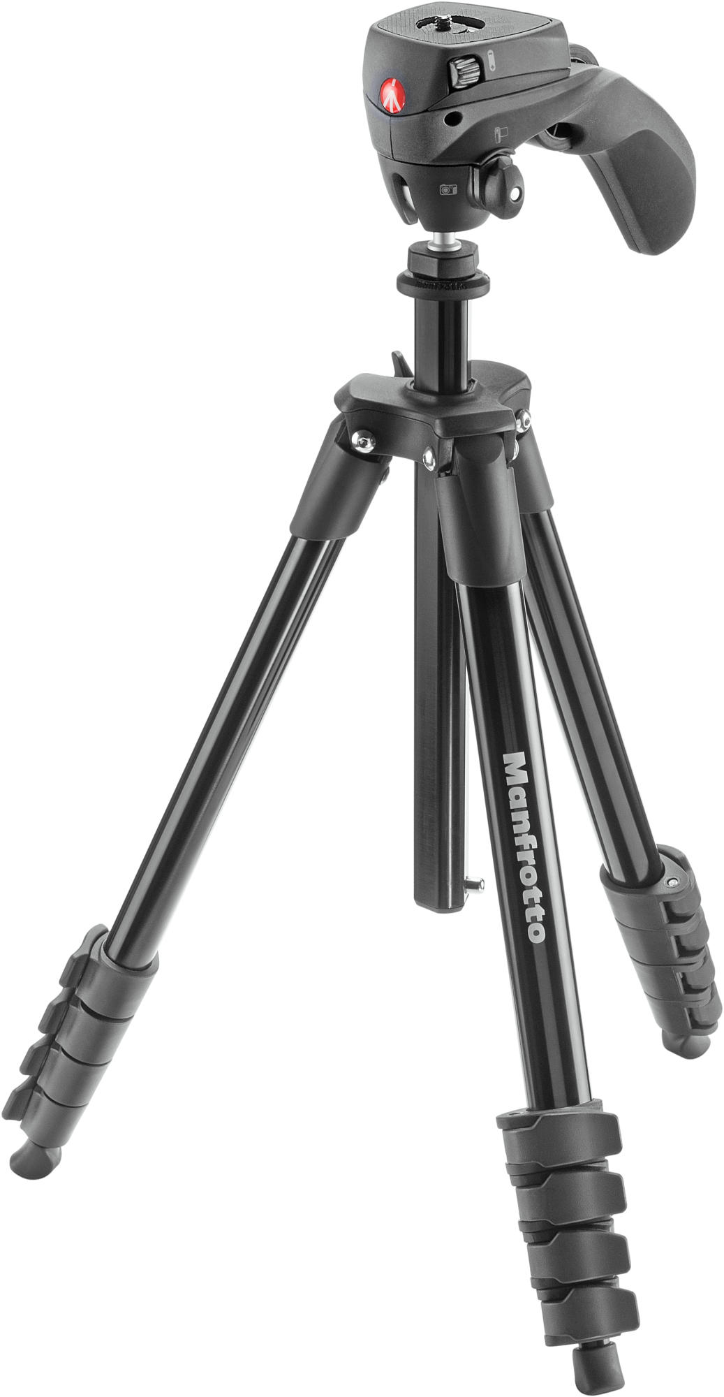Trípode negro con tres patas, una cabeza y la marca 'Manfrotto' en una pata sobre fondo blanco.