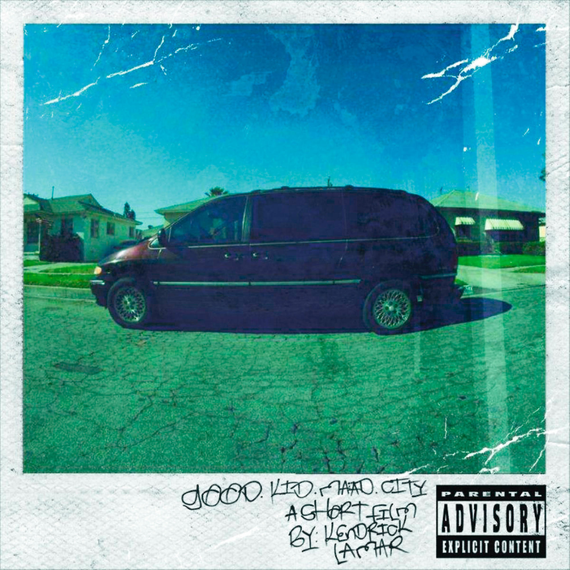 Albumcover für "Good Kid, m.A.A.d City" von Kendrick Lamar, mit einem schwarzen Van auf einer Straße.