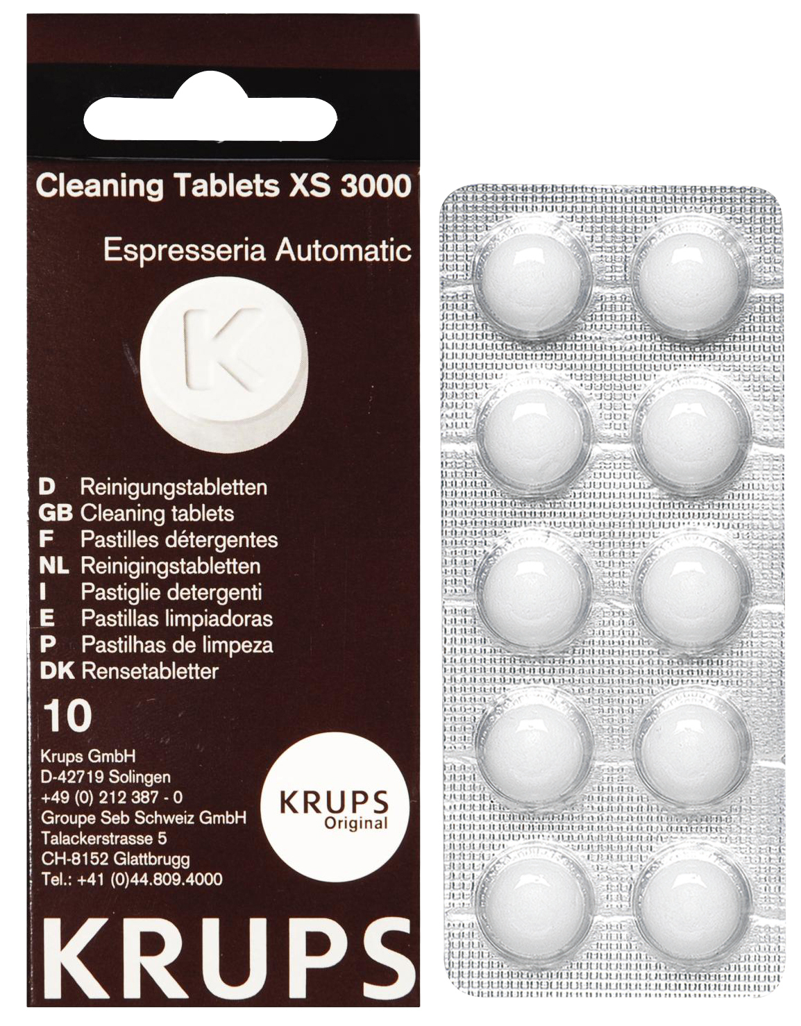 Cleaning tablets package. White tablets in a blister pack. Text in multiple languages.