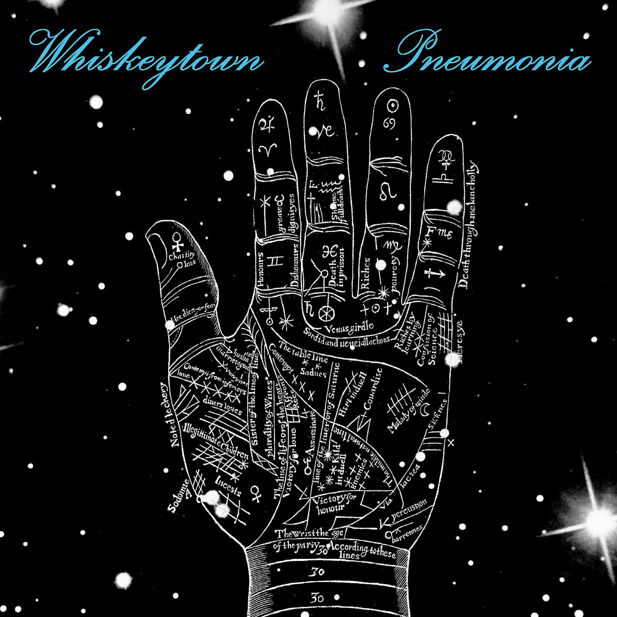 Albumcover. Eine Hand mit Chiromantie-Markierungen, darüber der Text 'Whiskeytown Pneumonia'.