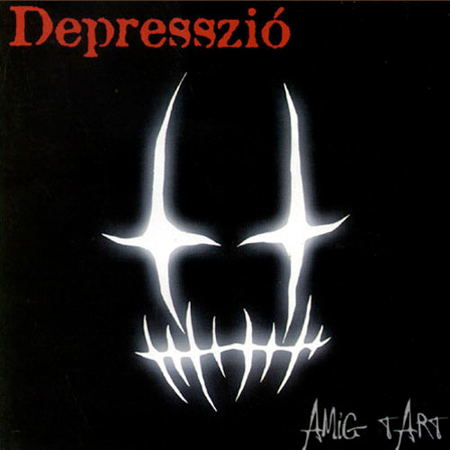 Album borító: Depresszió. Fehér arc szem szimbólumokkal fekete háttérben.