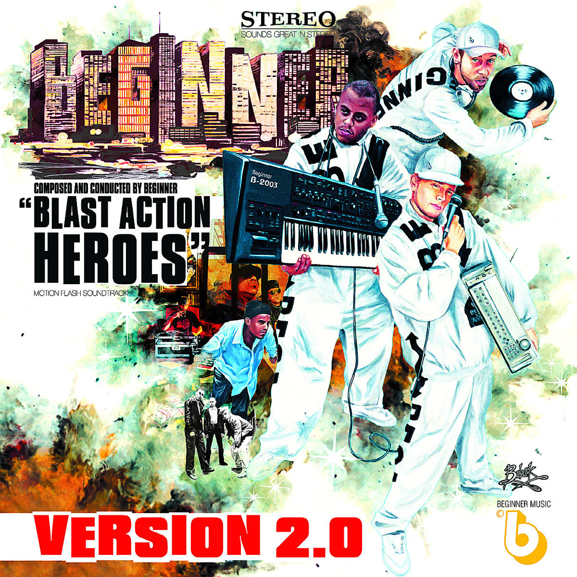 Albumcover: 'Beginner - Version 2.0', mit mehreren Männern in Weiß, Stadtlandschaft im Hintergrund.