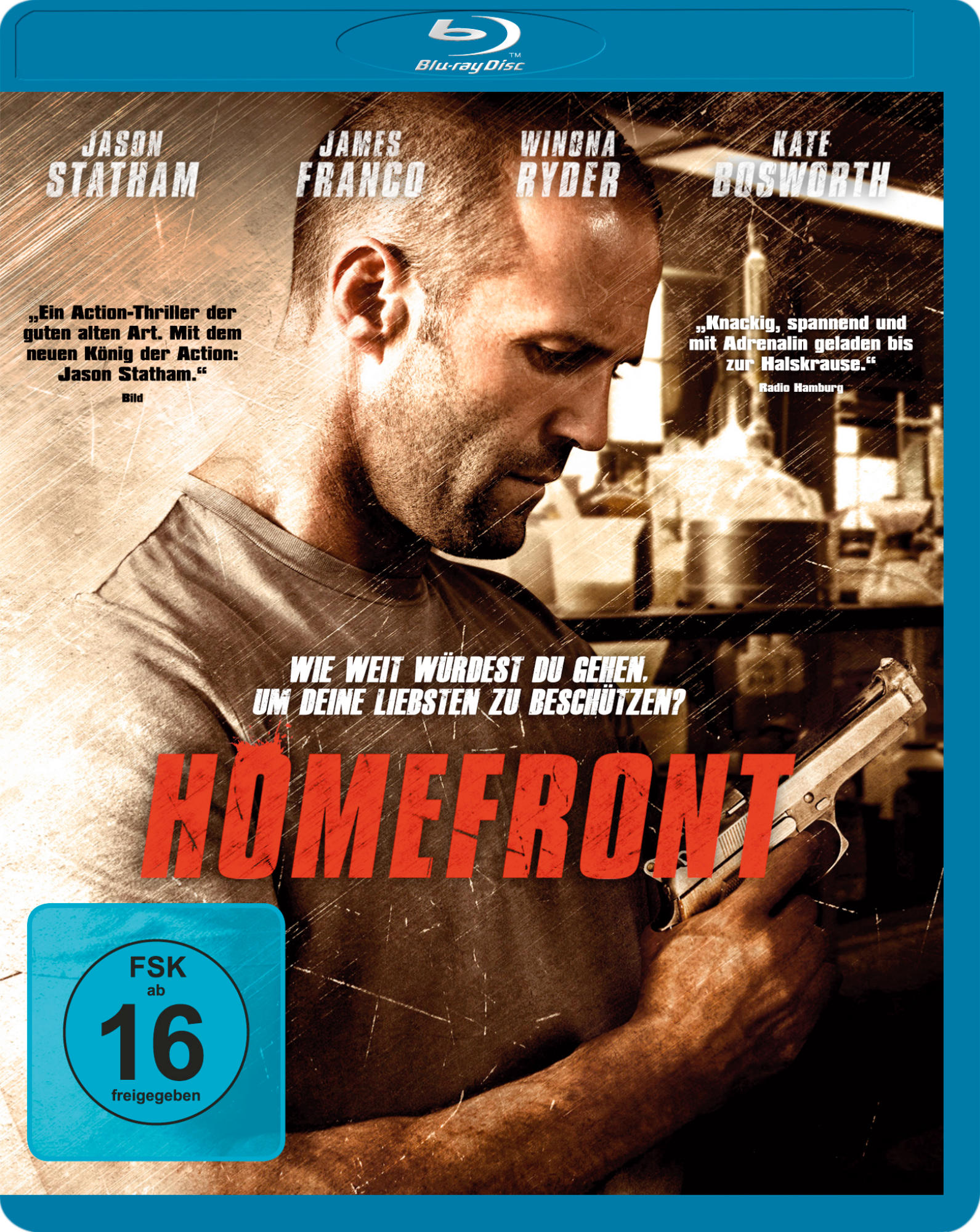 Filmcover: Jason Statham hält eine Pistole, Titel 'HOMEFRONT' und Schauspielernamen, blaues und schwarzes Design.