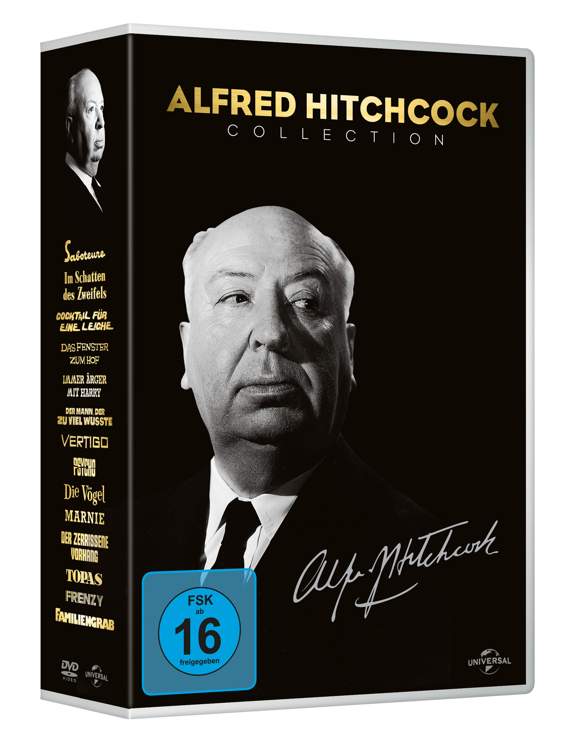 DVD-Box-Set mit Alfred Hitchcock-Filmen. Zeigt Hitchcocks Porträt und Filmtitel.