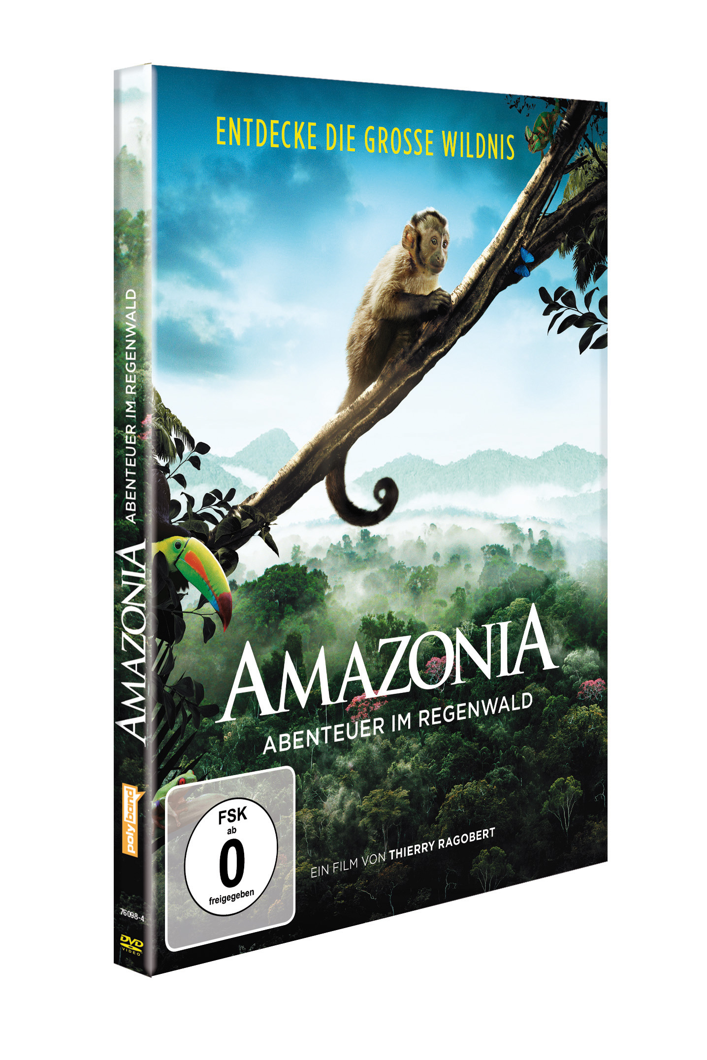 Amazonia DVD-Cover. Ein Affe auf einem Ast, Waldhintergrund mit einem Tukan.