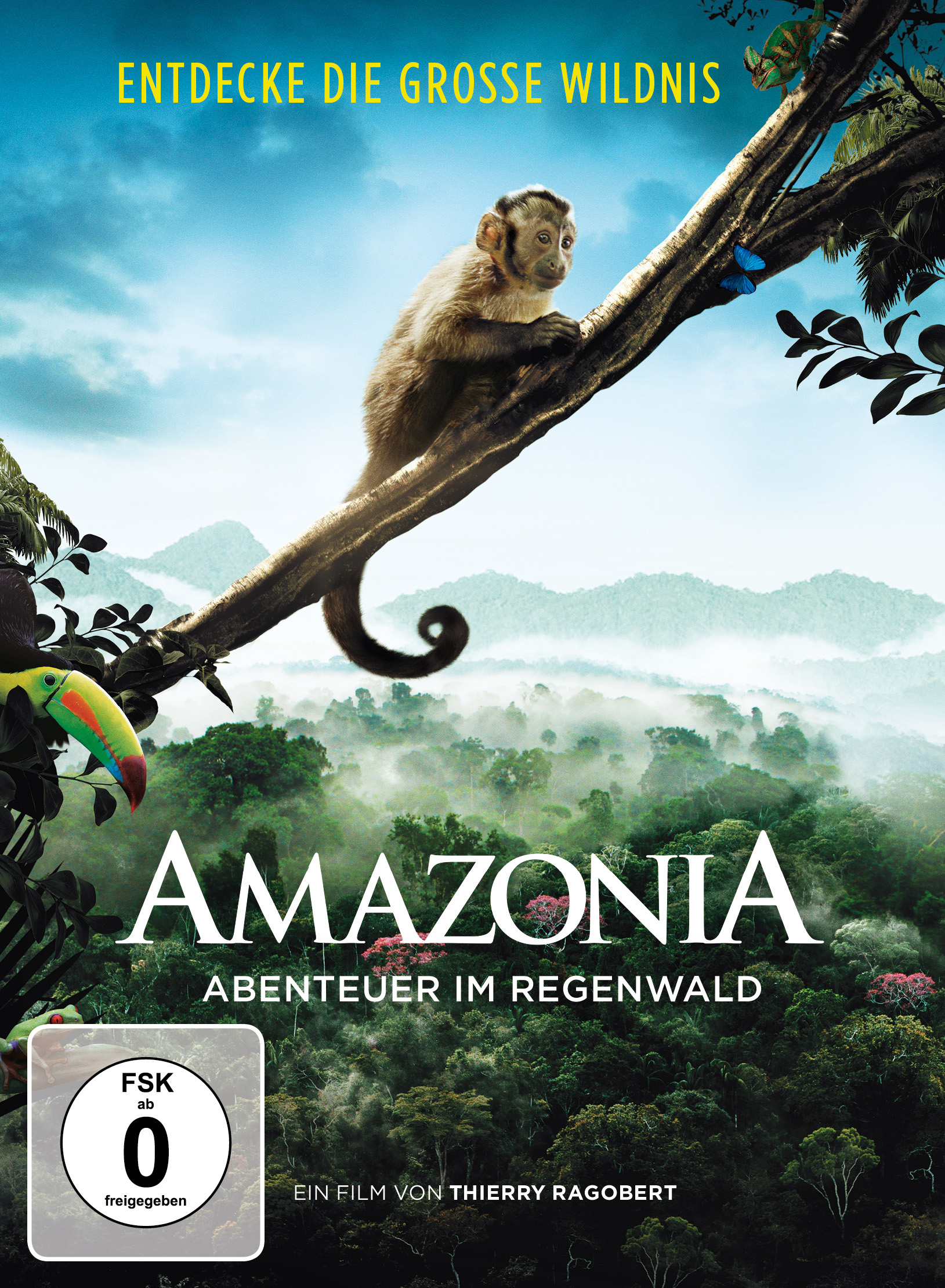 Amazonia DVD-Cover, Affe auf einem Ast, Regenwaldszene und Titel.