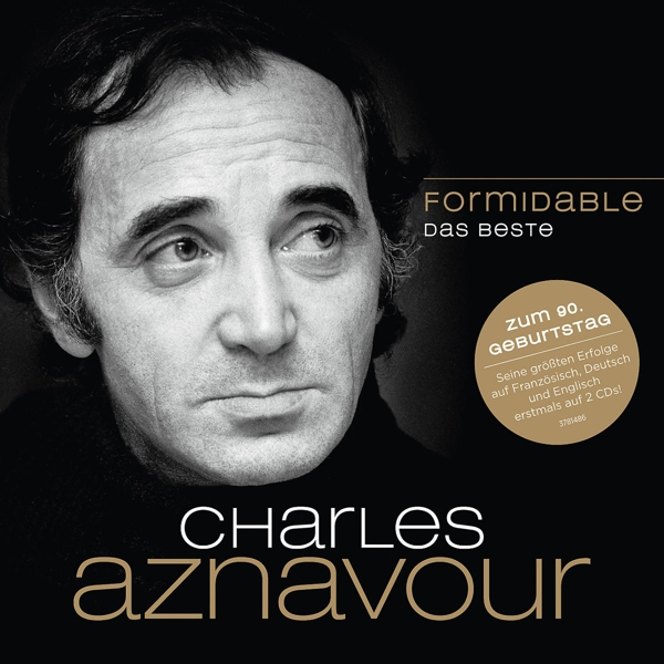 Albumcover von Charles Aznavour. Porträt eines Mannes mit dem Albumtitel, goldener Text auf Schwarz.
