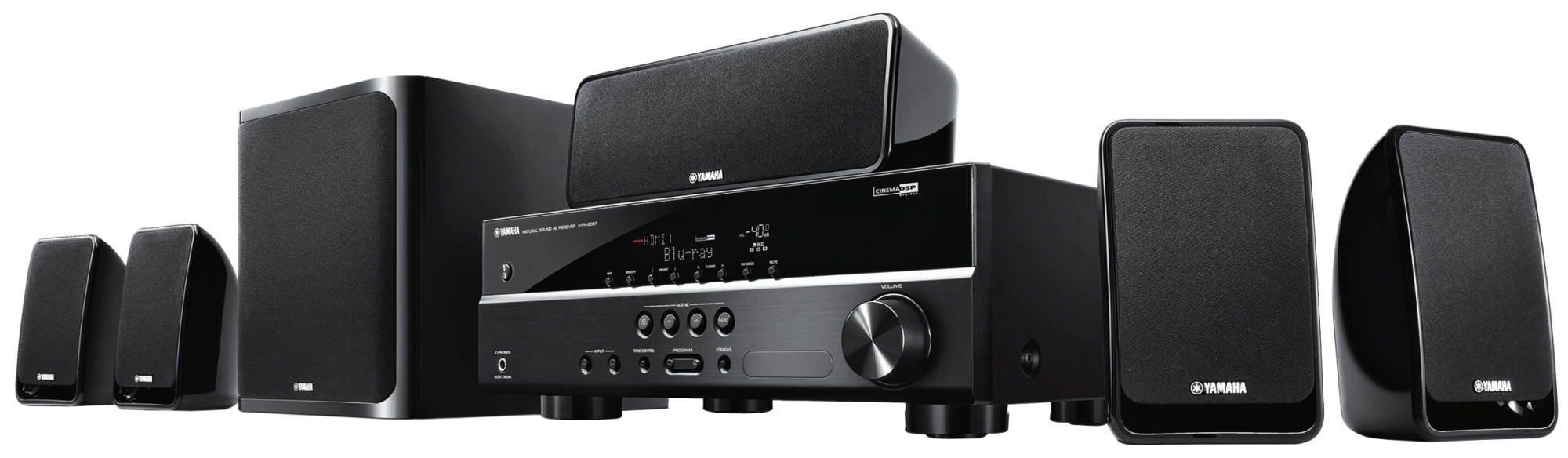 Schwarzes Heimkinosystem. Enthält einen Receiver, Subwoofer, Center- und Satellitenlautsprecher.