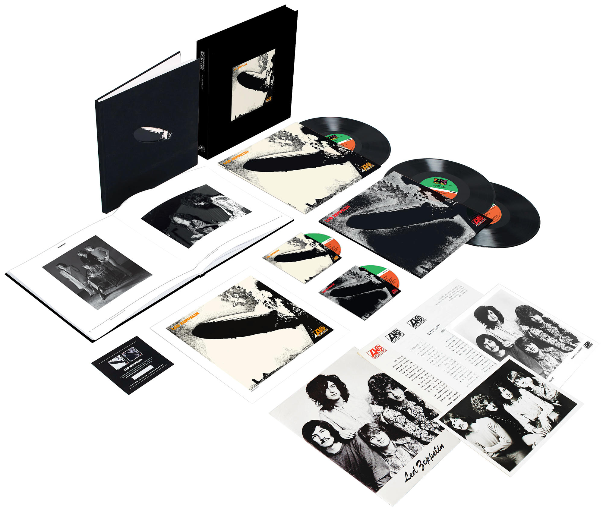 Led Zeppelin Box-Set. Enthält Alben, Booklets, Fotos und andere Erinnerungsstücke. Schwarz-Weiß.