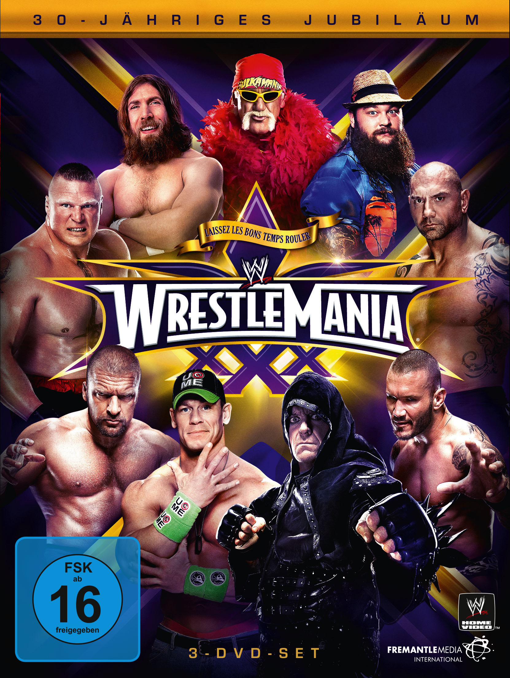 Wrestlemania XXX DVD-Cover. Mehrere Wrestler vor einem lila-goldenen Hintergrund.