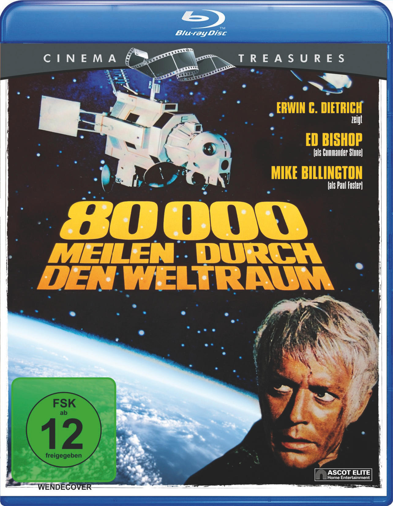 DVD-Cover für '80.000 Meilen durch den Weltraum', mit Weltraumszene und Mann.