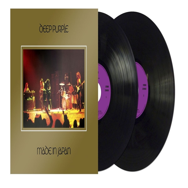 Deep Purple Albumcover, Band auf der Bühne, zwei Schallplatten, lila Etiketten.