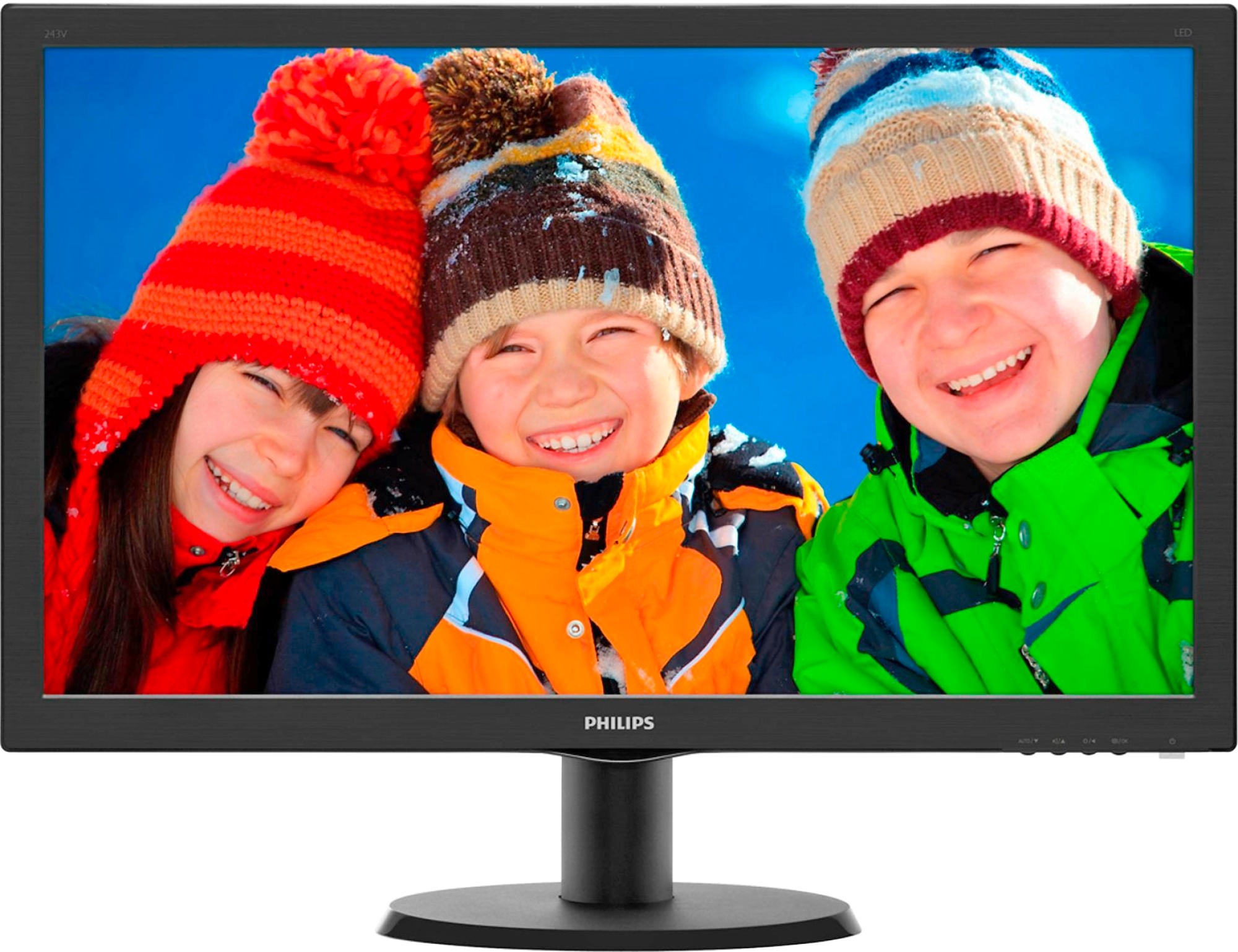 Computermonitor mit drei lächelnden Kindern, die Wintermützen und Jacken tragen. Schwarzer Rahmen.